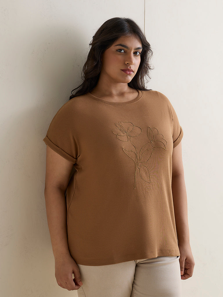 Gia Brown Floral Printed Cotton T-Shirt