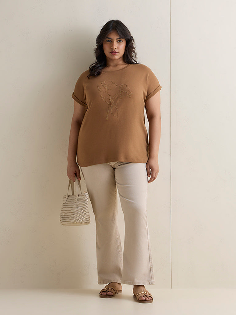 Gia Brown Floral Printed Cotton T-Shirt