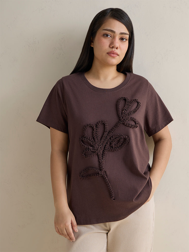 Gia Dark Brown Floral Applique Cotton T-Shirt