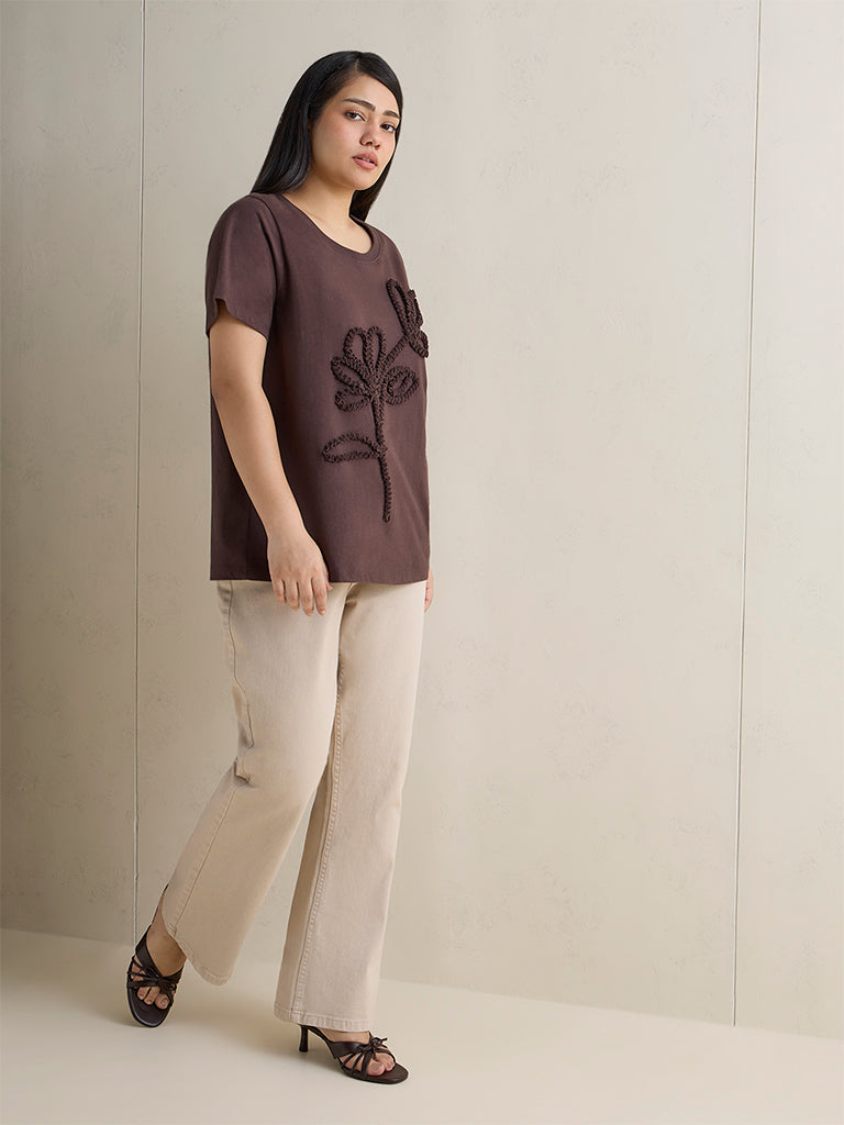 Gia Dark Brown Floral Applique Cotton T-Shirt