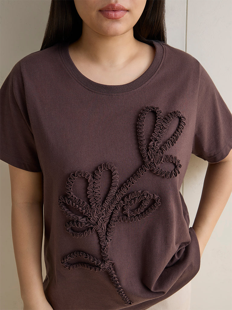 Gia Dark Brown Floral Applique Cotton T-Shirt