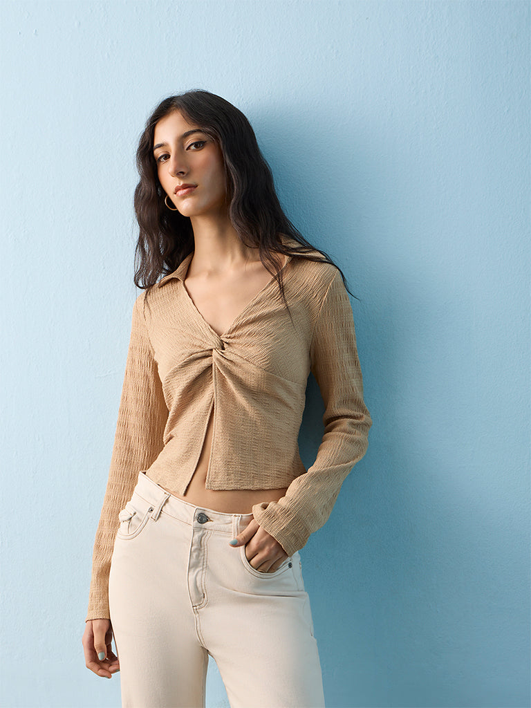 Nuon Beige Textured Knot Detail Top