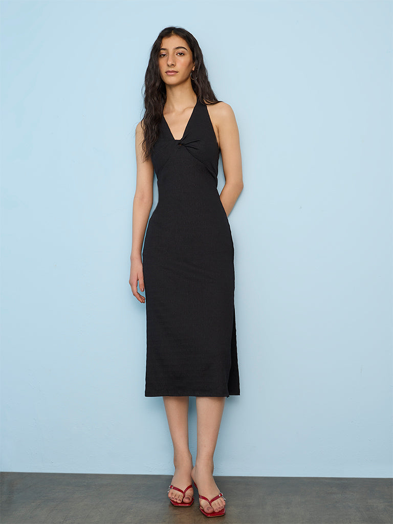 Nuon Black Crinkle Texture Halter Neck A-Line Dress