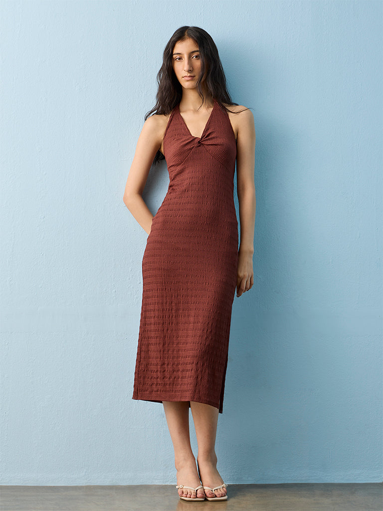 Nuon Brown Crinkle Texture Halter Neck A-Line Dress