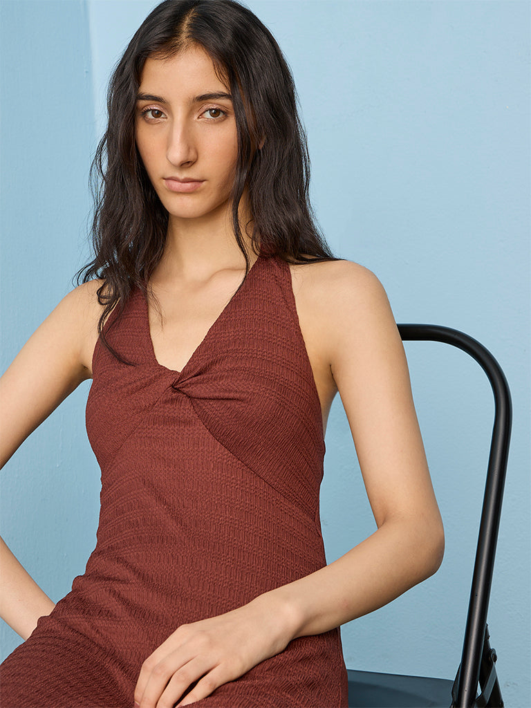 Nuon Brown Crinkle Texture Halter Neck A-Line Dress