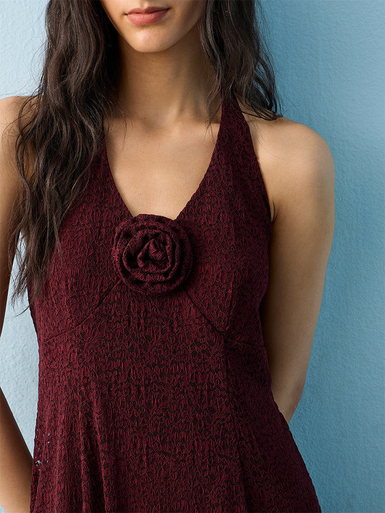 Nuon Burgundy Rosette Detail Lace A-Line Dress
