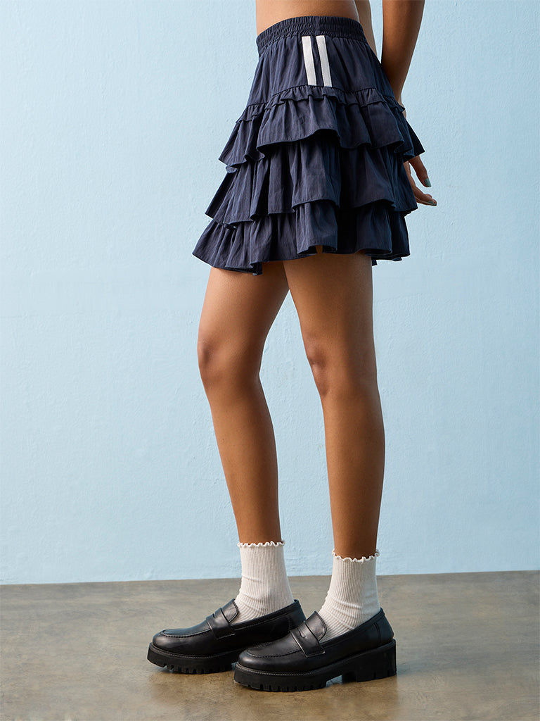 Nuon Navy High-Rise Tiered Skirt