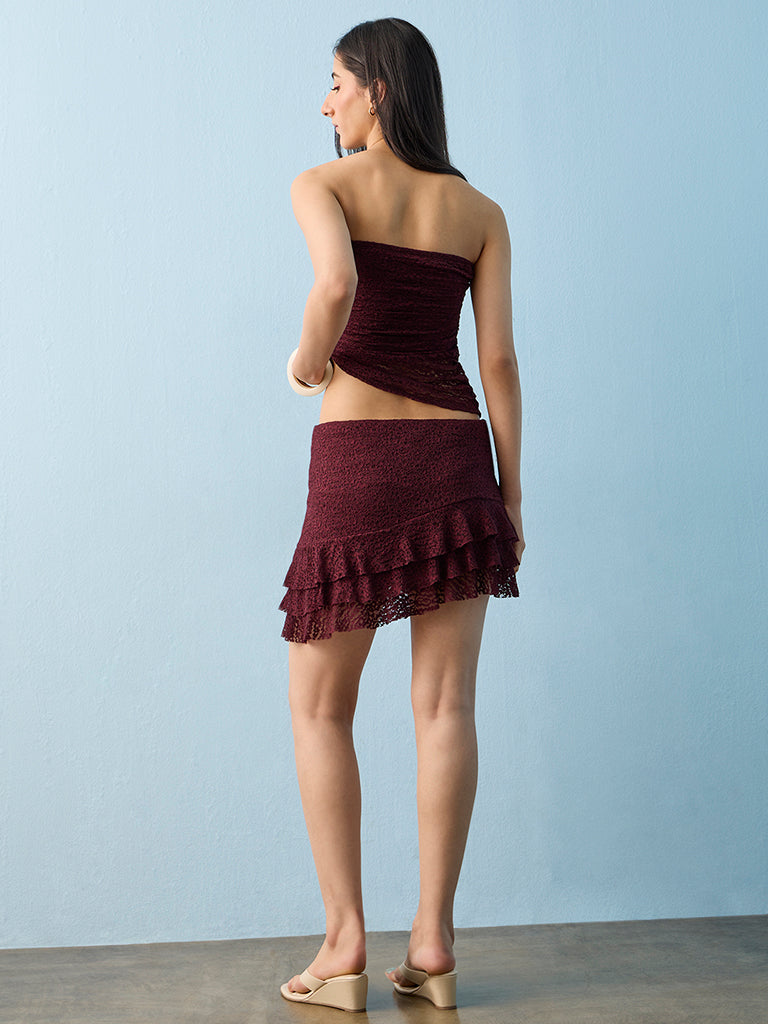 Nuon Burgundy Lace Asymmetrical Ruffle High-Rise Skirt