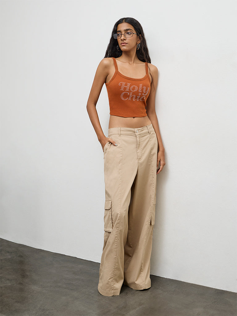 Nuon Rust Text Embellished Cotton Tank Top