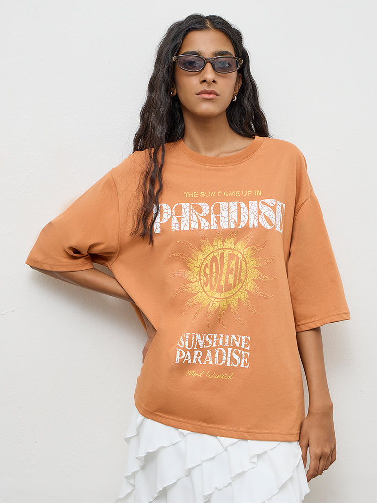 Nuon Orange Graphic Printed Cotton T-Shirt