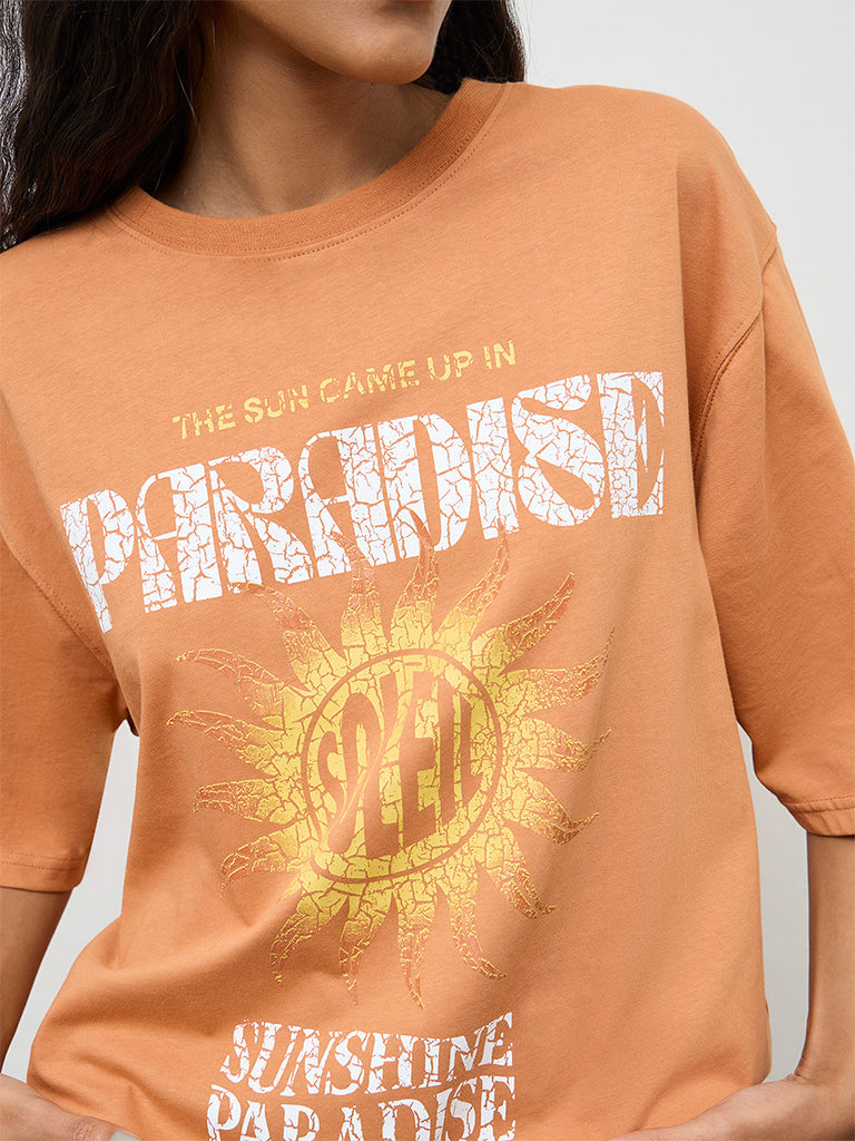 Nuon Orange Graphic Printed Cotton T-Shirt