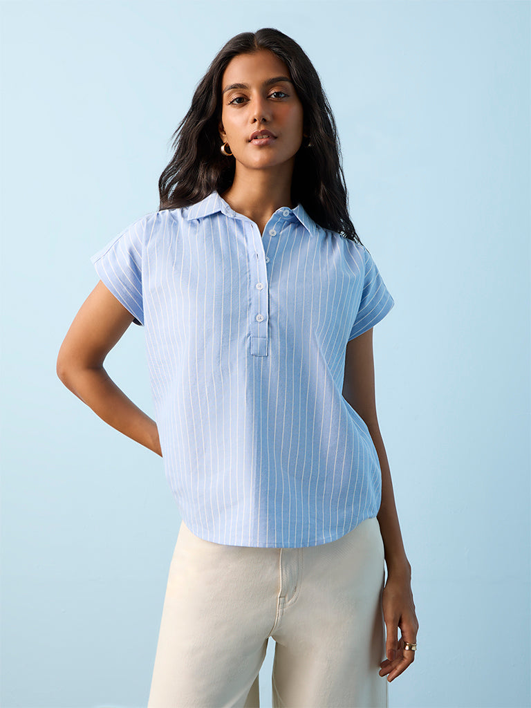 LOV Blue Striped Cotton Blouse