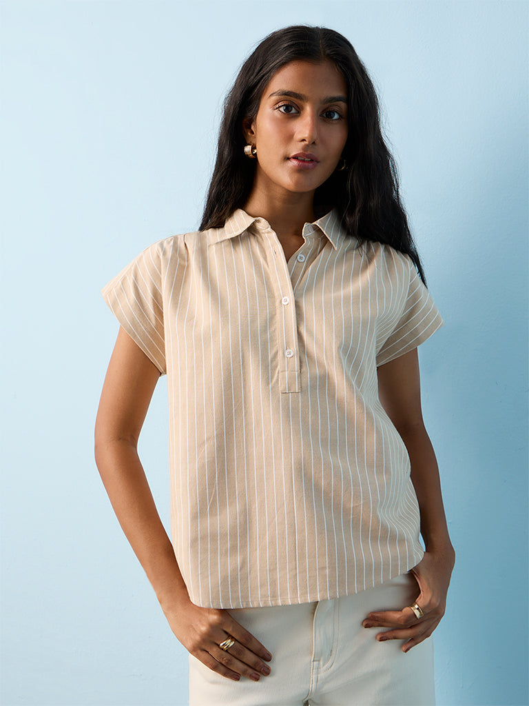 LOV Beige Striped Cotton Blouse