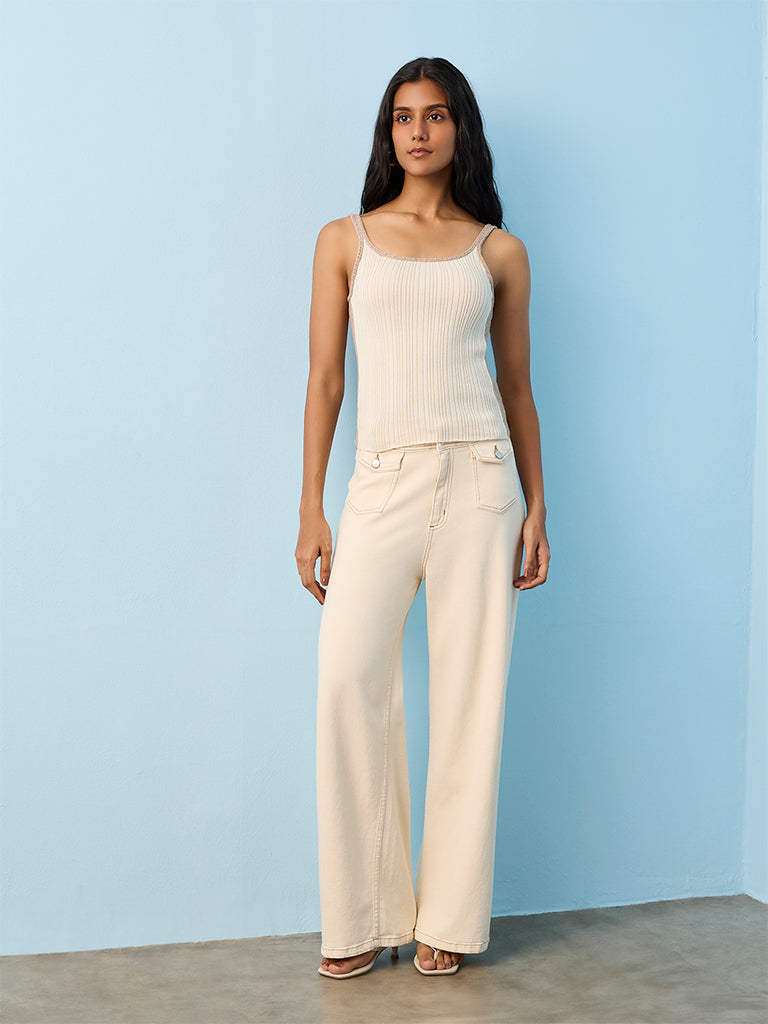 LOV Beige Ribbed-Textured Cotton Top