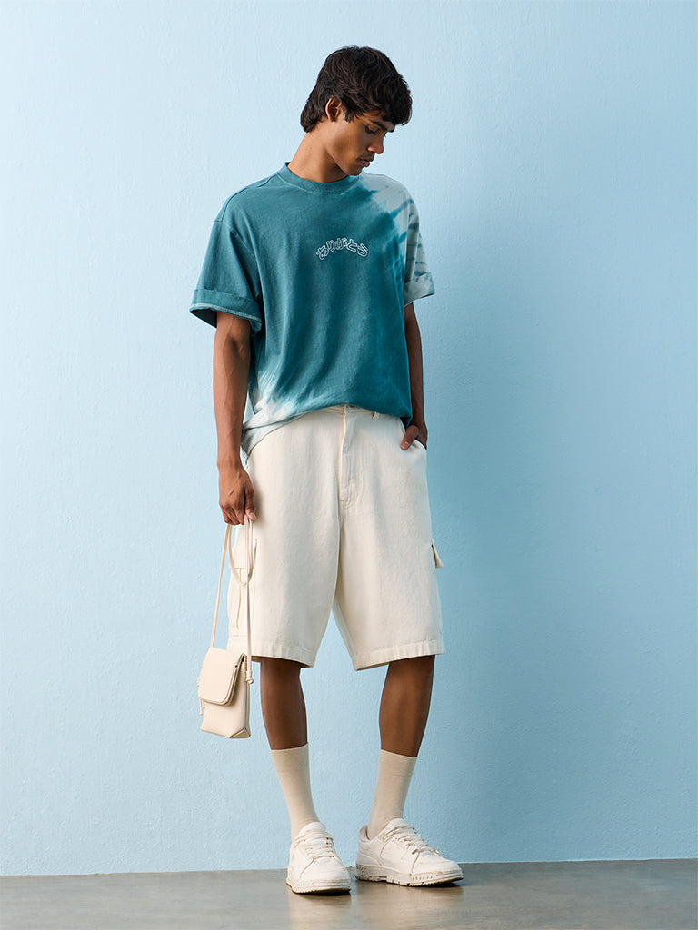 Nuon Teal Tie-Dye Relaxed-Fit Cotton T-Shirt