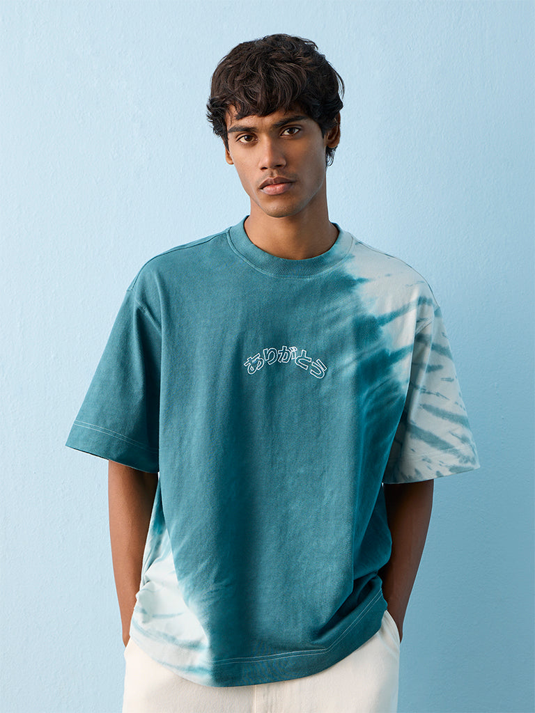 Nuon Teal Tie-Dye Relaxed-Fit Cotton T-Shirt