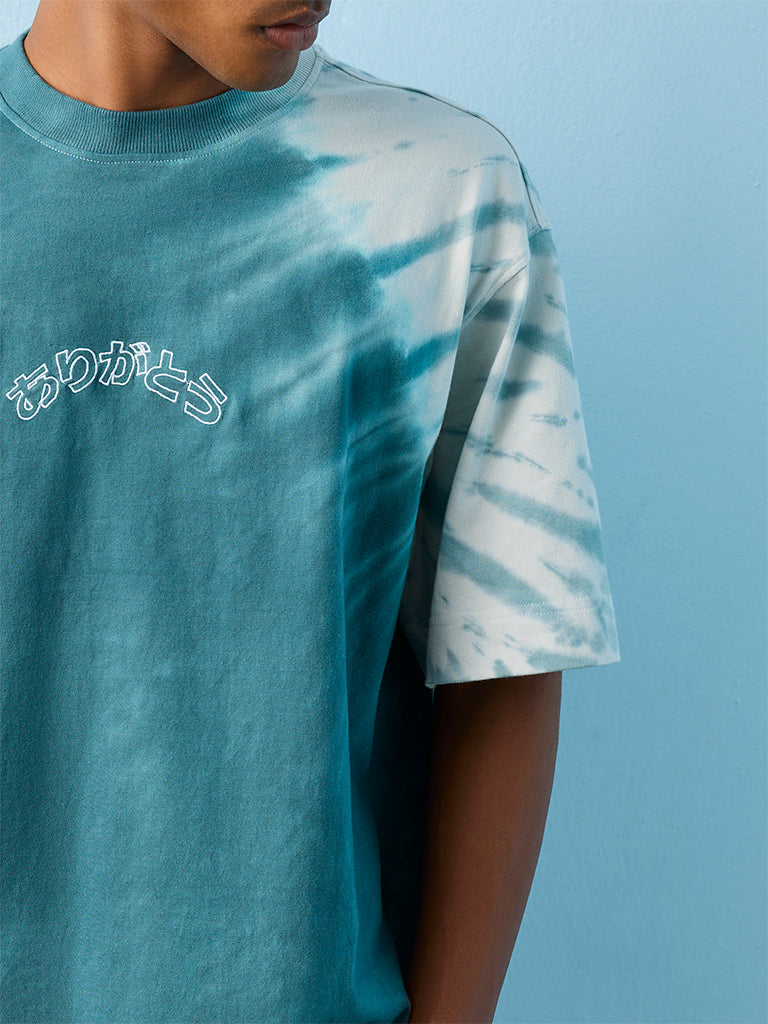 Nuon Teal Tie-Dye Relaxed-Fit Cotton T-Shirt