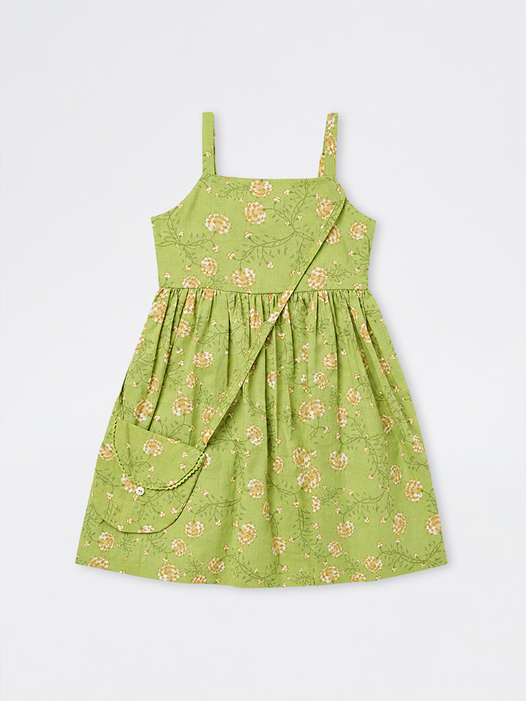 Utsa Kids Girls Green Floral Printed A-Line Cotton Dress with Bag - (2-8 yrs)