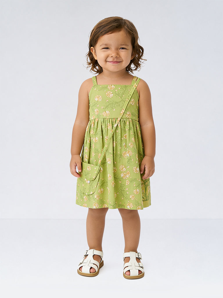 Utsa Kids Girls Green Floral Printed A-Line Cotton Dress with Bag - (2-8 yrs)