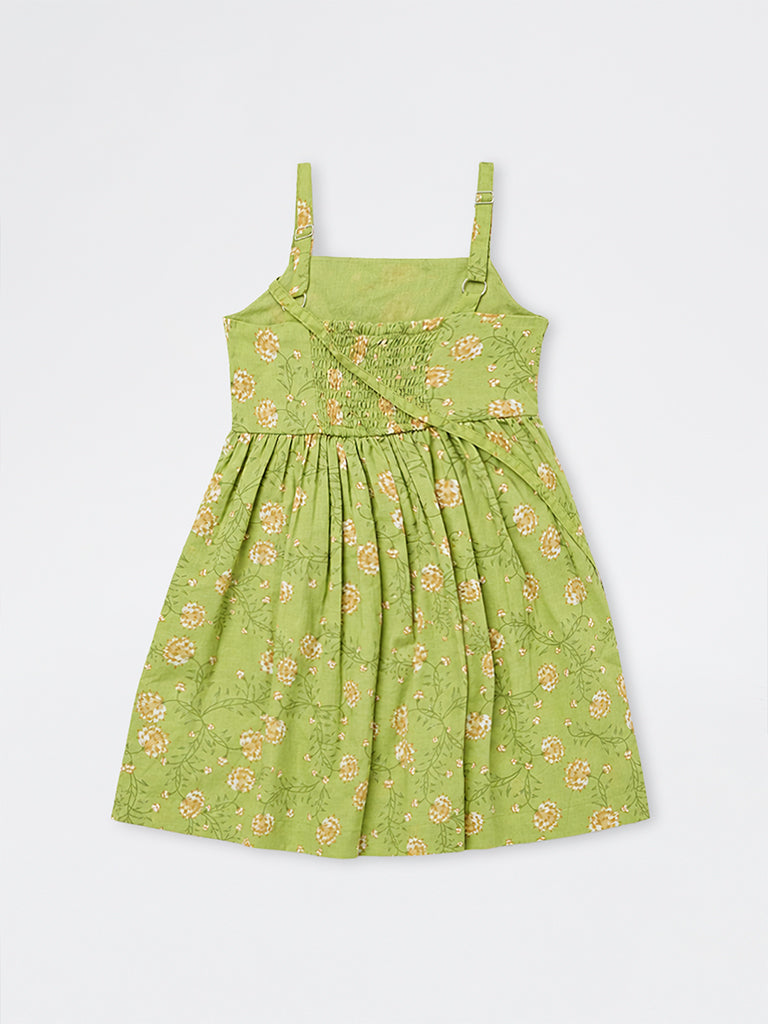 Utsa Kids Girls Green Floral Printed A-Line Cotton Dress with Bag - (2-8 yrs)