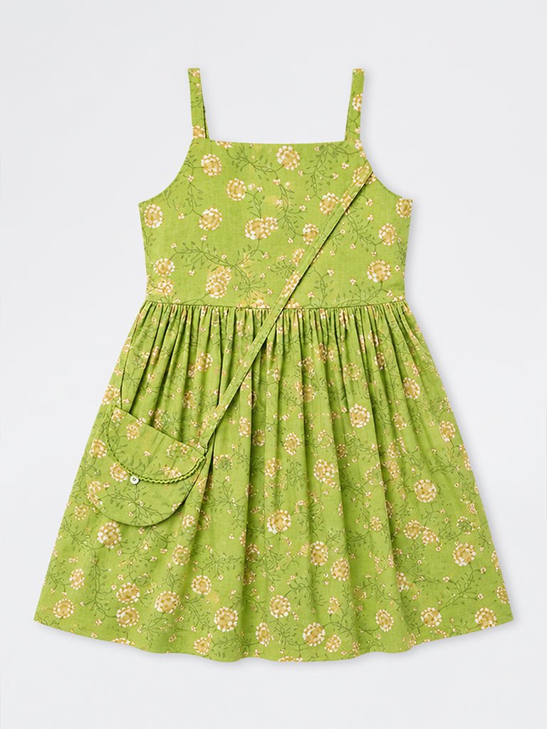 Utsa Kids Girls Green Floral Printed Cotton A-line Dress with Bag - (8-14 yrs)