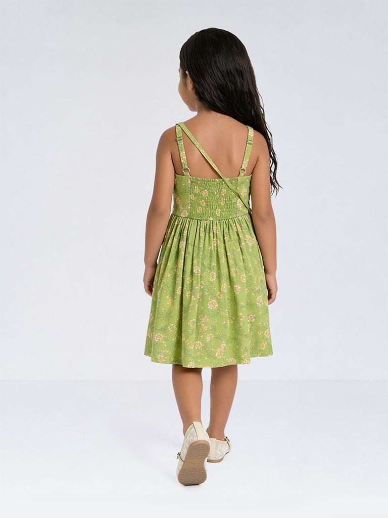 Utsa Kids Girls Green Floral Printed Cotton A-line Dress with Bag - (8-14 yrs)