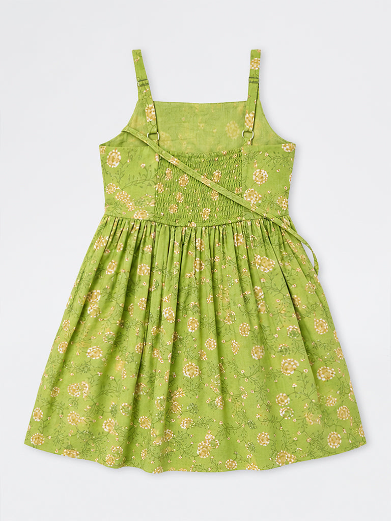 Utsa Kids Girls Green Floral Printed Cotton A-line Dress with Bag - (8-14 yrs)