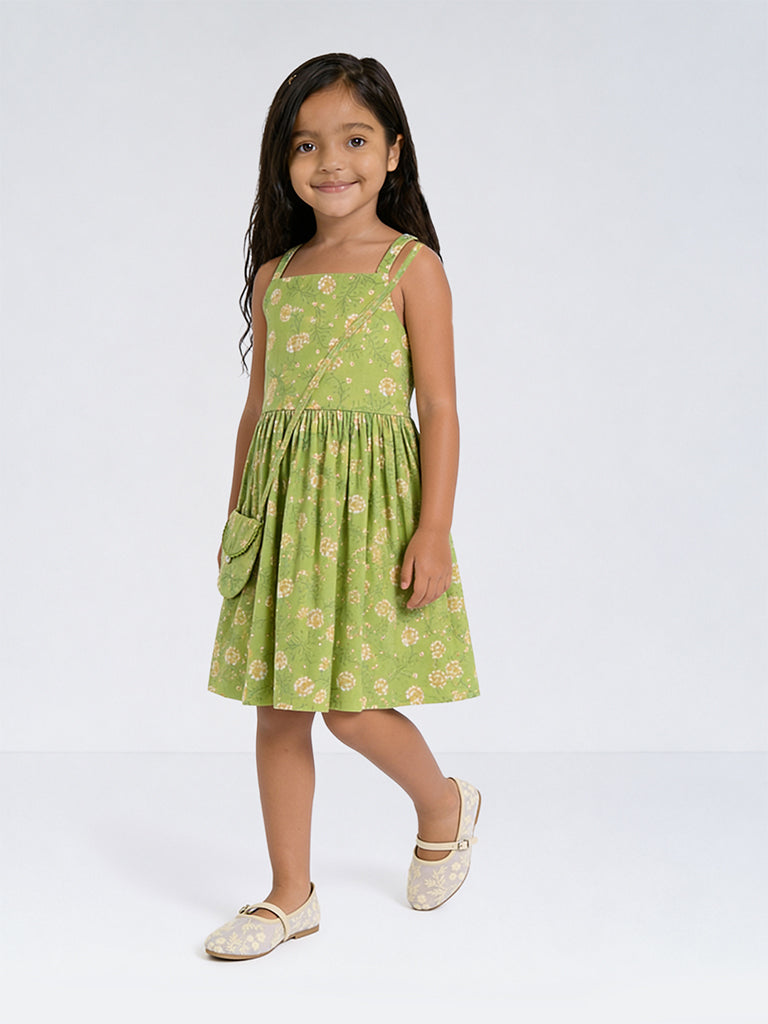 Utsa Kids Girls Green Floral Printed Cotton A-line Dress with Bag - (8-14 yrs)