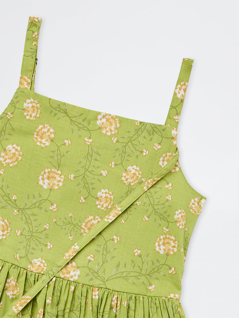 Utsa Kids Girls Green Floral Printed Cotton A-line Dress with Bag - (8-14 yrs)