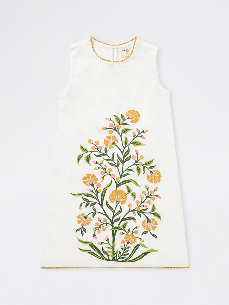 Utsa Kids Girls White Floral Printed Cotton-Blend Shift Dress - (8-14 yrs)