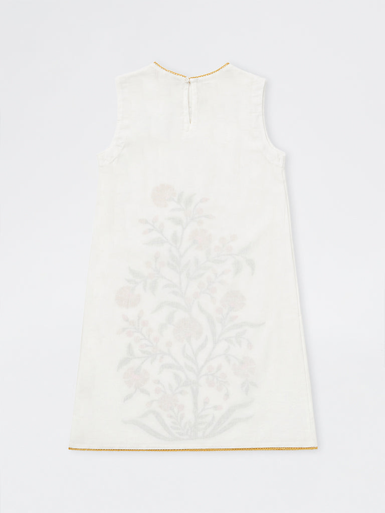 Utsa Kids Girls White Floral Printed Cotton-Blend Shift Dress - (8-14 yrs)