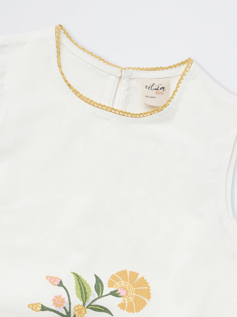Utsa Kids Girls White Floral Printed Cotton-Blend Shift Dress - (8-14 yrs)