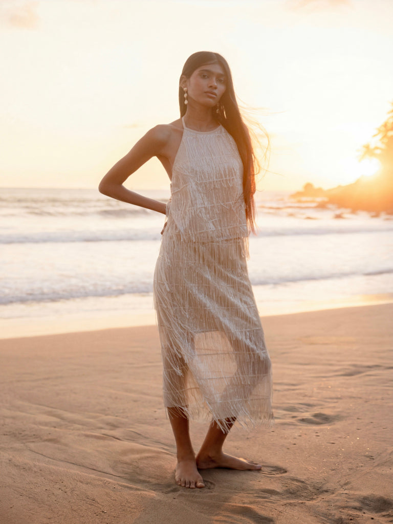 Vark Ivory Fringe Detailed Skirt