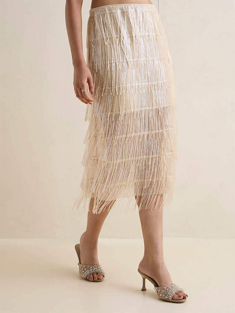Vark Ivory Fringe Detailed Skirt