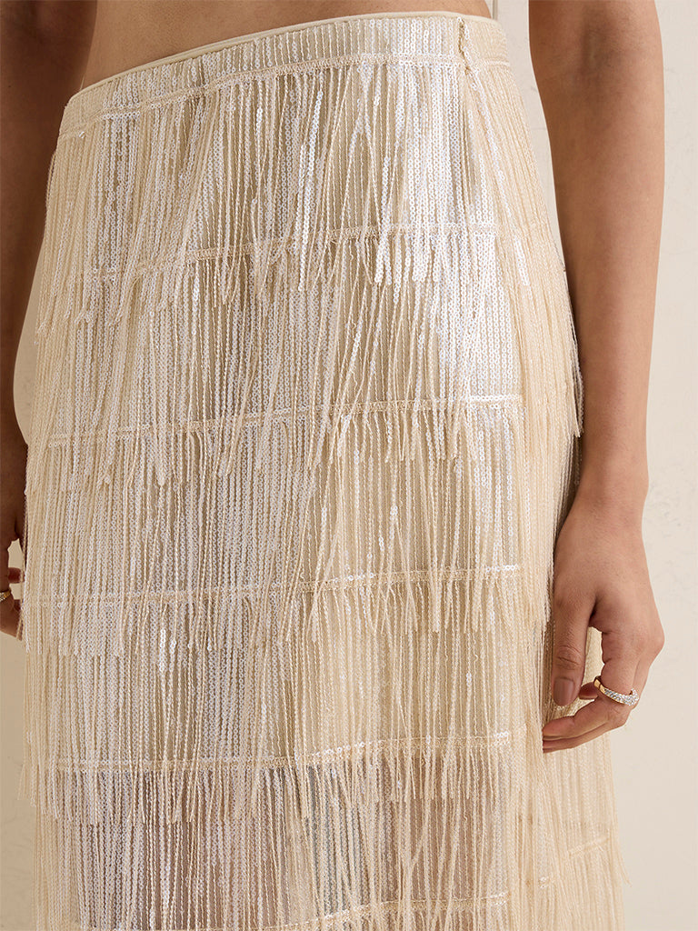 Vark Ivory Fringe Detailed Skirt