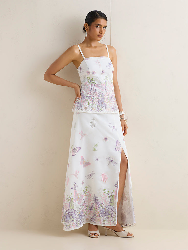 Vark Ivory Floral Embroidered Ethnic Top and Skirt Set