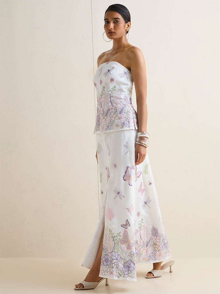 Vark Ivory Floral Embroidered Ethnic Top and Skirt Set