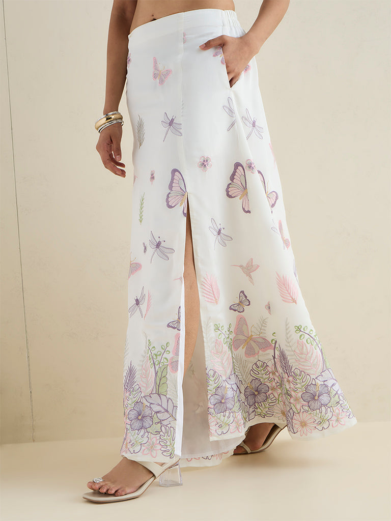 Vark Ivory Butterfly Embroidered Maxi Skirt