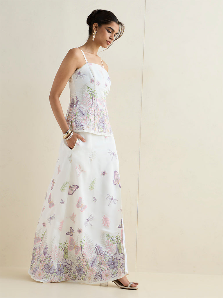 Vark Ivory Butterfly Embroidered Maxi Skirt