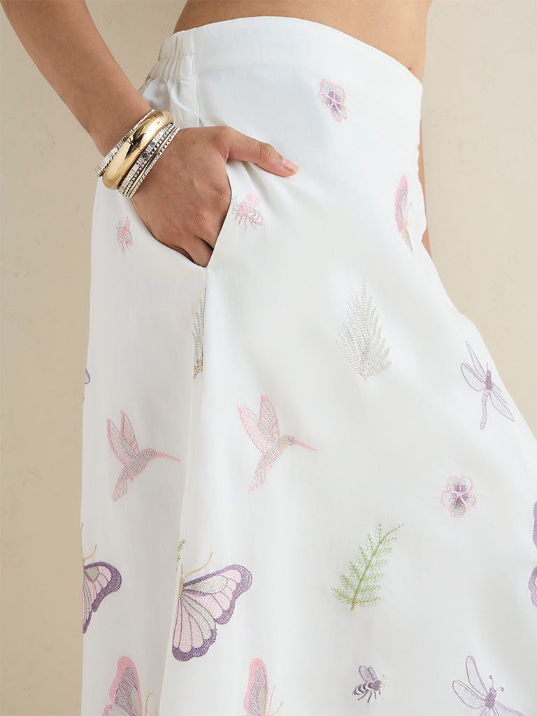 Vark Ivory Butterfly Embroidered Maxi Skirt