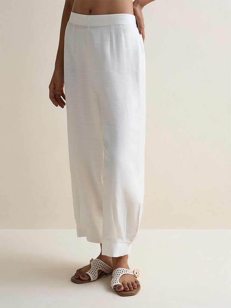 Zuba White Solid Pants