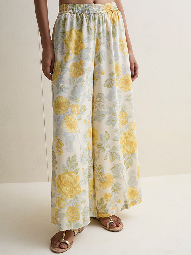 Zuba Yellow Floral Detailed Palazzos