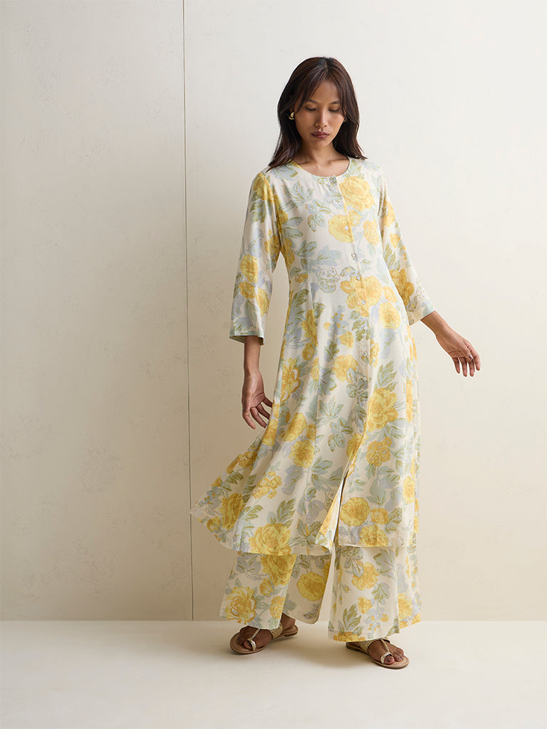 Zuba Yellow Floral Detailed Palazzos