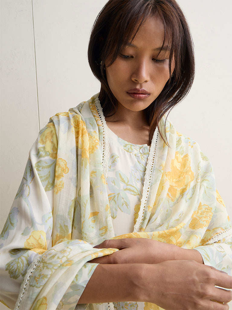Zuba Yellow Floral Pattern Cotton-Blend Dupatta