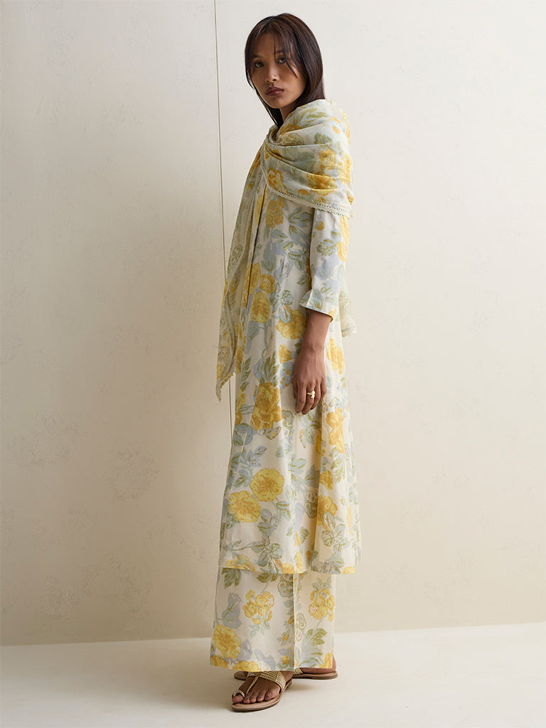 Zuba Yellow Floral Pattern Cotton-Blend Dupatta