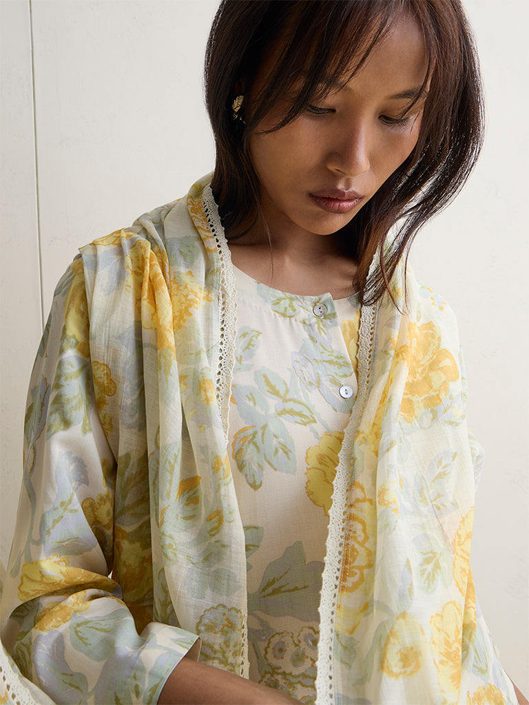 Zuba Yellow Floral Pattern Cotton-Blend Dupatta