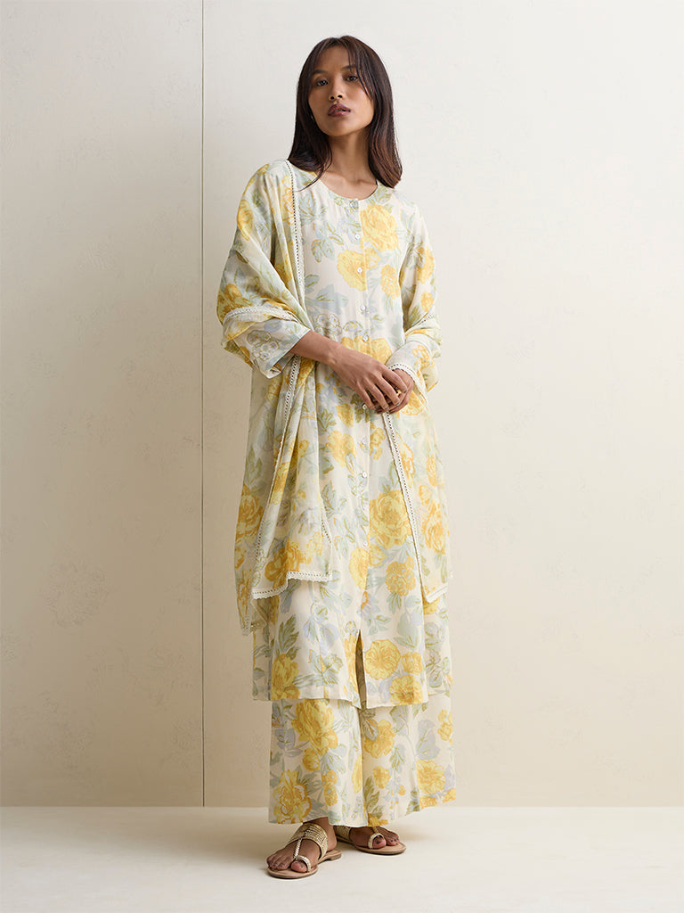 Zuba Yellow Floral Design A-Line Kurta
