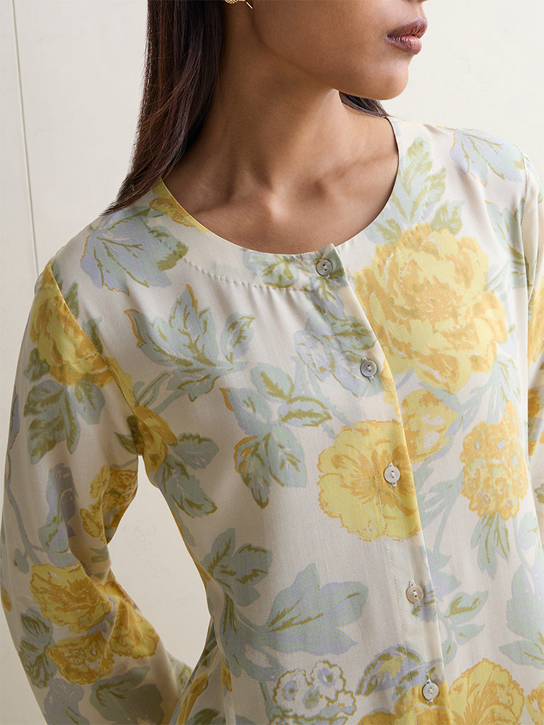 Zuba Yellow Floral Design A-Line Kurta