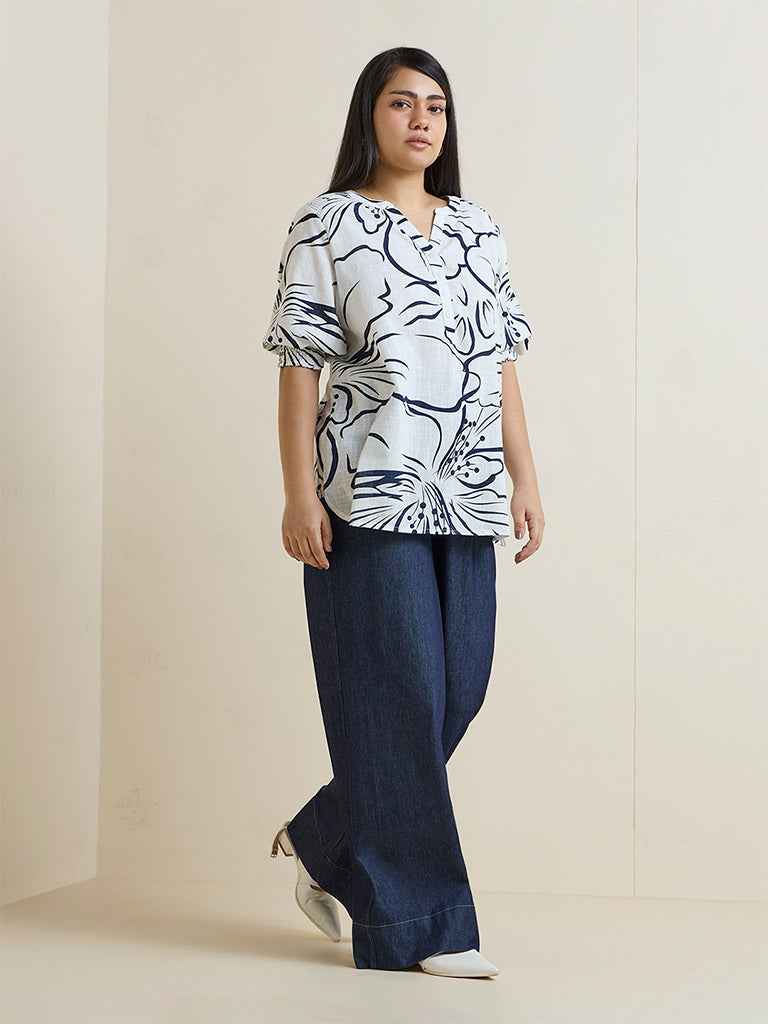 Gia White Floral Printed Cotton Blouse
