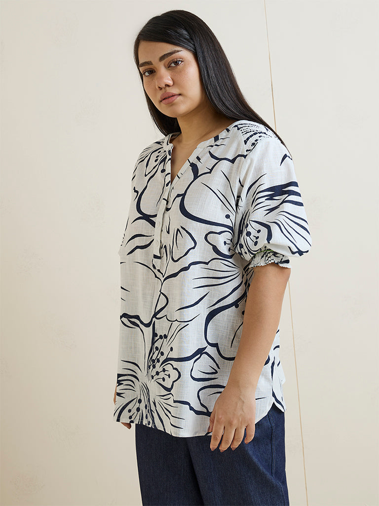 Gia White Floral Printed Cotton Blouse